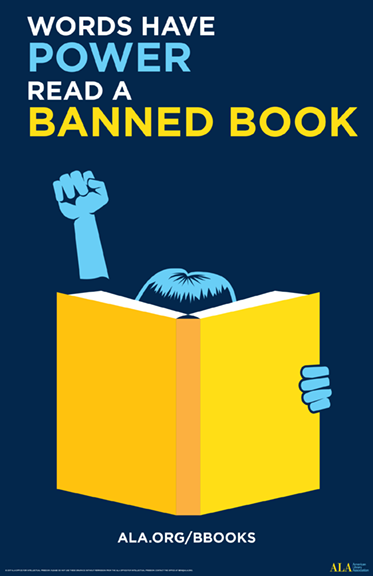 Words have power: read a banned book with drawing a person behind an open book.