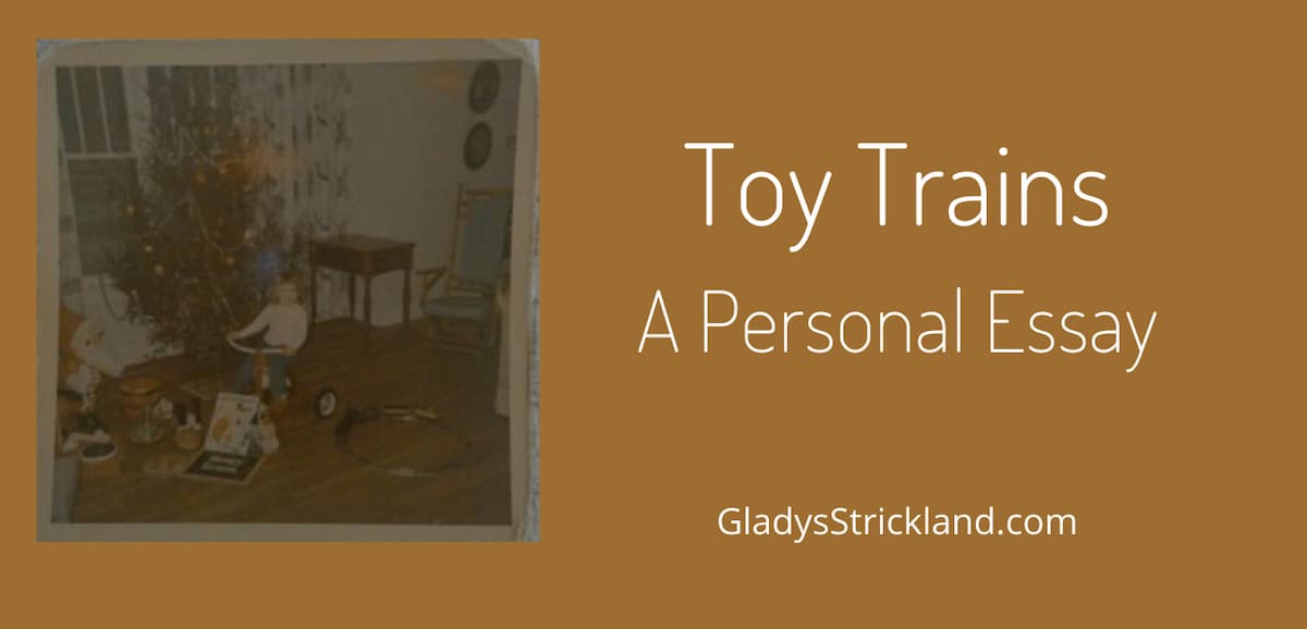 Toy trains, a personal essay with image of child riding tricycle in front of Christmas tree.