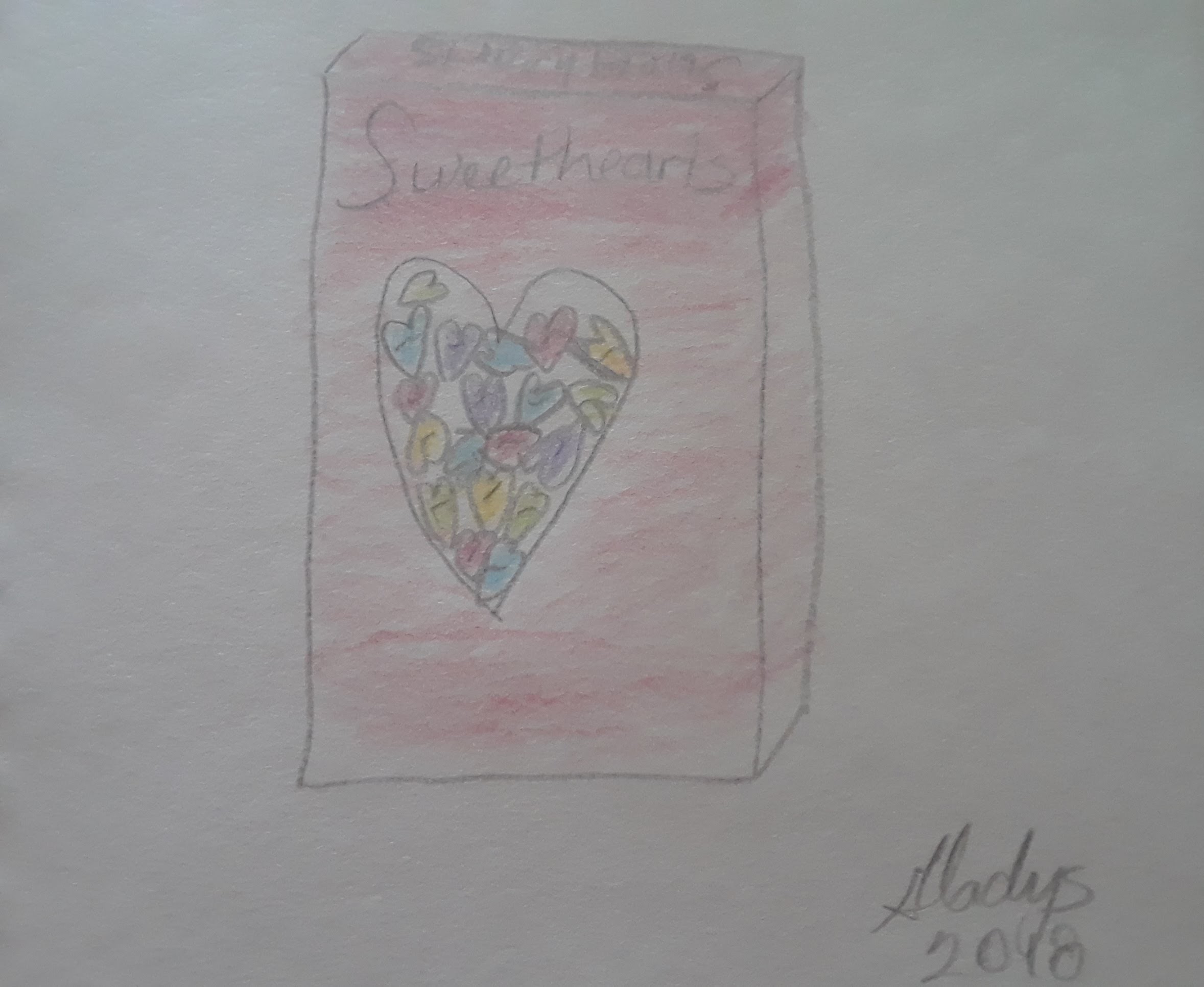 Hand-drawing of Sweethearts candy box.