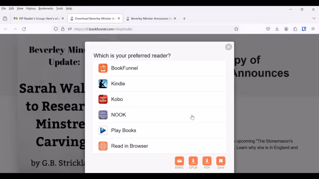 Window showing the list of ereading devices you can select from on BookFunnel. This is where you will read the book you download from them.