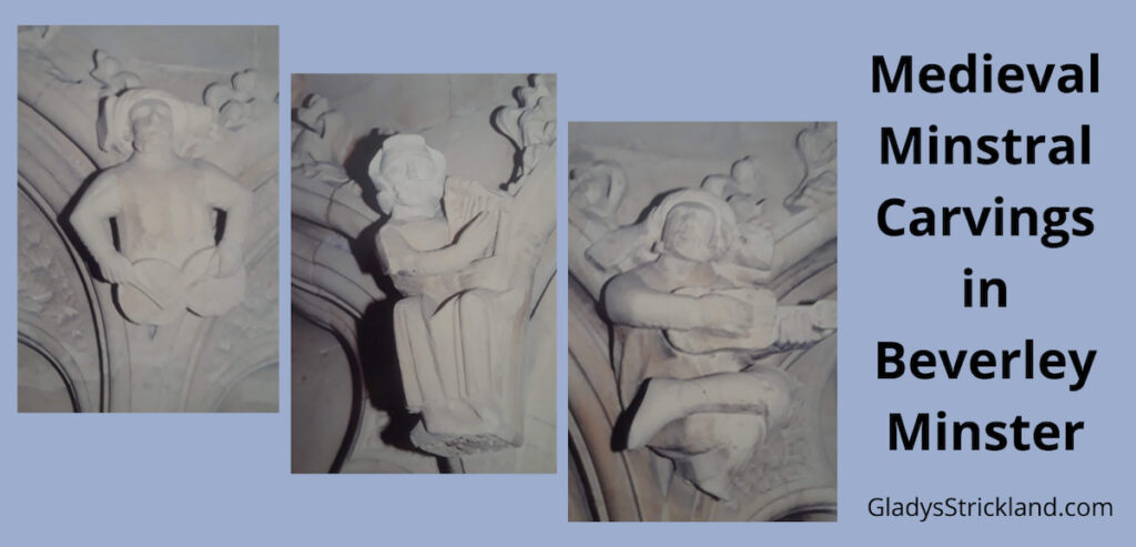 Pictures of three medieval minstrel carvings. The first plays nakers, a type of drum. The second a hart, and the third a guitar-type instrument.